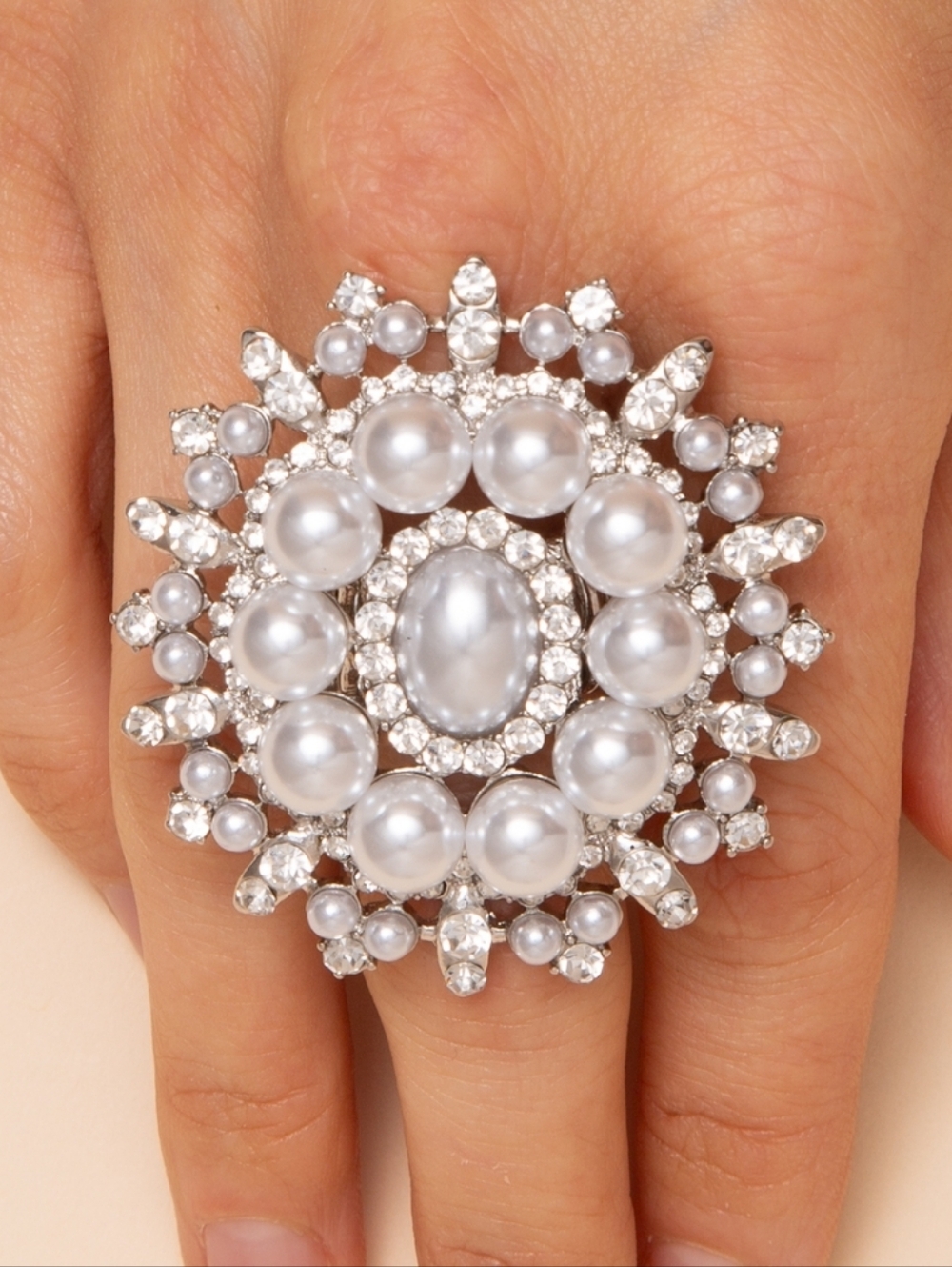 Oval Pearl Center with Crystal Halo Stretch Cocktail Statement Dinner Ring